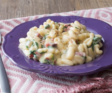 Cavatelli com speck, creme de batata e rúcula